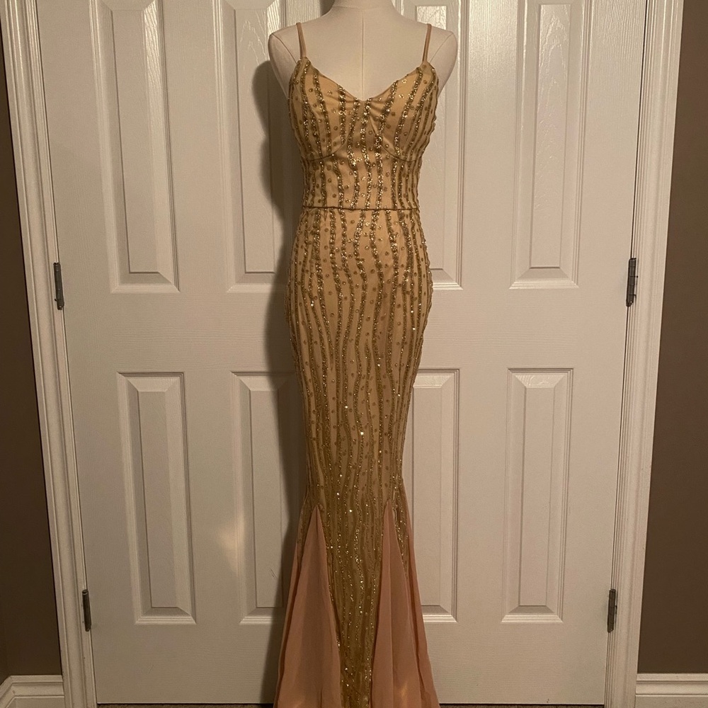 Honey Couture Australia Glamorous Gold Sequin Maxi Gown